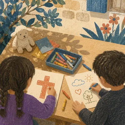 Children Drawing a Cross with Crayons