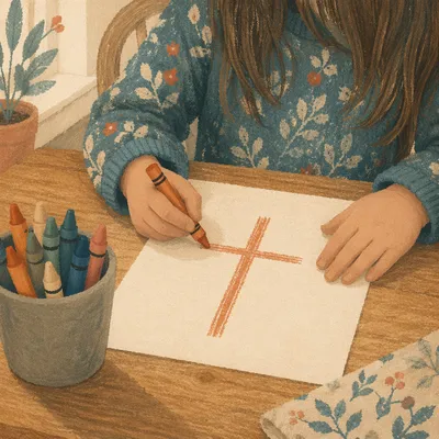 Child Drawing a Cross with Crayons