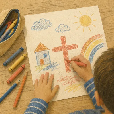 Child Drawing Cross With Colorful Crayons