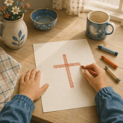 Child Drawing Cross with Crayons
