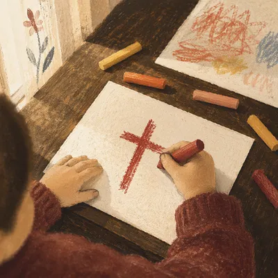 Child Drawing Red Cross with Crayons