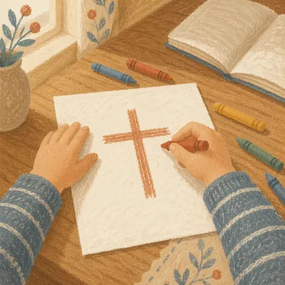 Child Drawing Crayon Cross at Kitchen Table