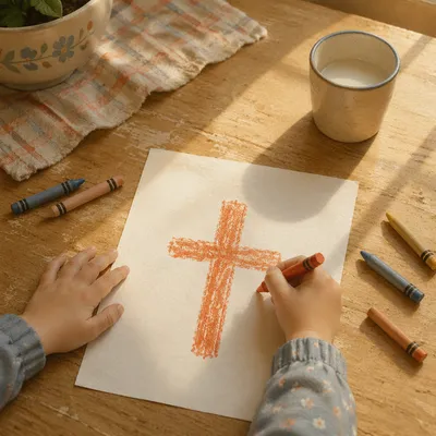 Child Drawing a Cross with Crayons