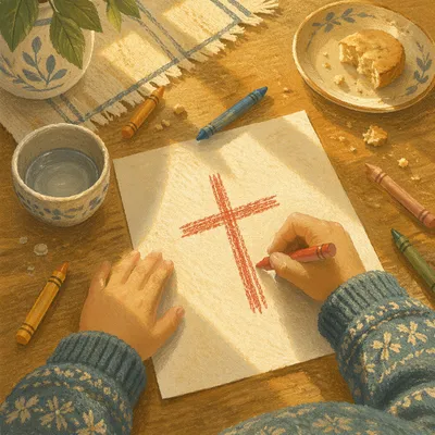 Child Drawing a Crayon Cross at Home