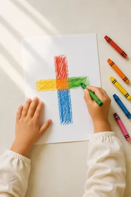 Child Drawing Colorful Cross With Crayons