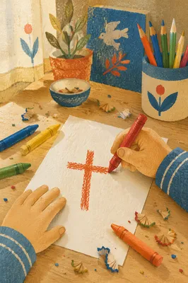 Child Drawing Crayon Cross on Paper