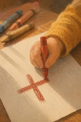Child Drawing Red Crayon Cross