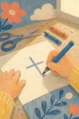 Child Drawing a Blue Crayon Cross