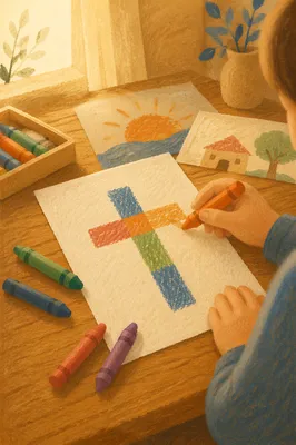 Child Drawing Colorful Cross with Crayons