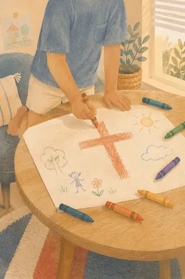 Child Drawing Cross with Colorful Crayons