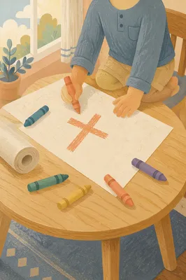 Child Drawing Crayon Cross on Paper