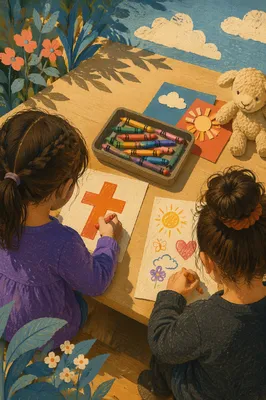 Children Coloring a Cross with Crayons