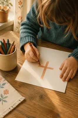 Child Drawing a Cross with Crayons