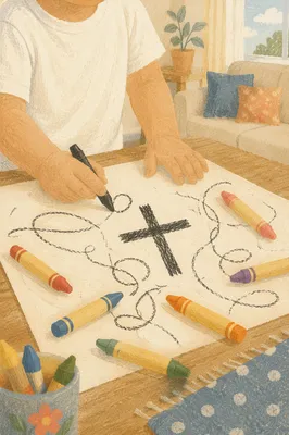 Toddler Drawing Cross With Crayons