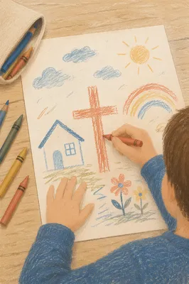 Child Drawing Colorful Cross with Crayons