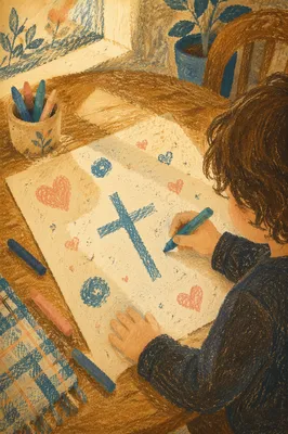 Child Drawing a Cross with Crayons