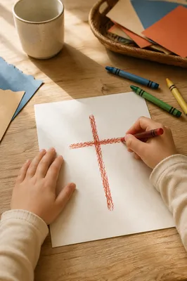 Child Drawing Cross with Crayons