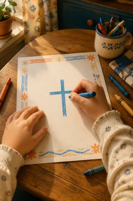 Child Drawing Cross with Crayons