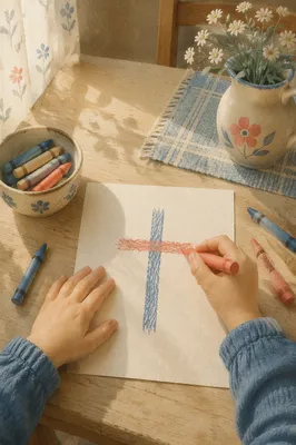 Child Drawing Cross with Colorful Crayons