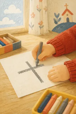 Child Drawing Cross with Crayons
