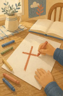 Child Drawing Cross With Colorful Crayons