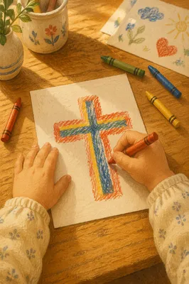 Child Drawing Colorful Cross With Crayons