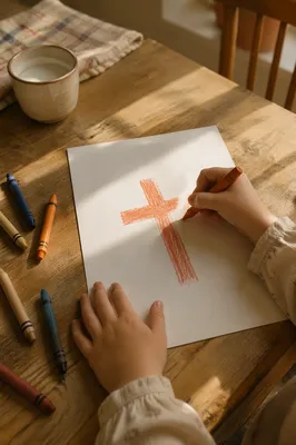 Child Drawing Cross with Colorful Crayons