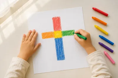 Child Drawing Colorful Cross With Crayons