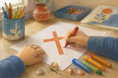 Child Drawing Cross with Colorful Crayons