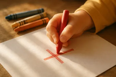 Child Drawing Red Crayon Cross on Paper