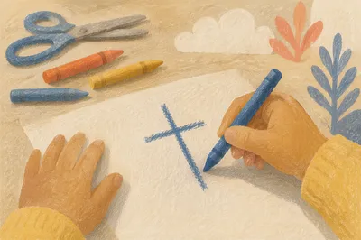 Child Drawing Cross with Blue Crayon
