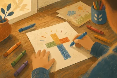 Child Drawing Colorful Cross With Crayons