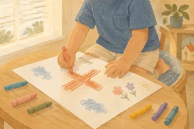 Child Drawing a Crayon Cross at Home