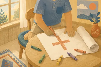 Child Drawing Cross with Crayons