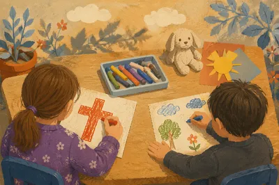 Children Drawing Cross with Crayons Outdoors