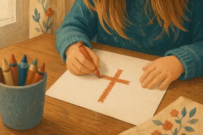 Child Drawing Cross with Crayons