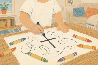 Toddler Drawing Cross with Crayons