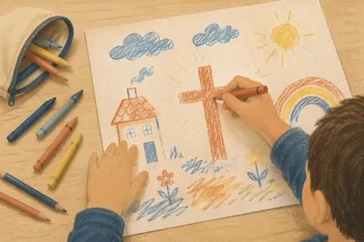 Child Drawing Cross with Colorful Crayons