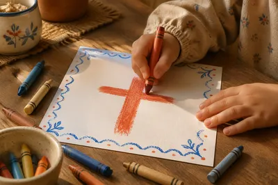 Child Drawing Cross with Crayons