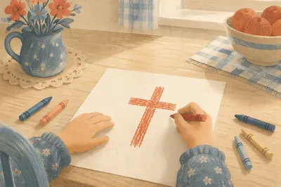Child Drawing Cross with Colorful Crayons