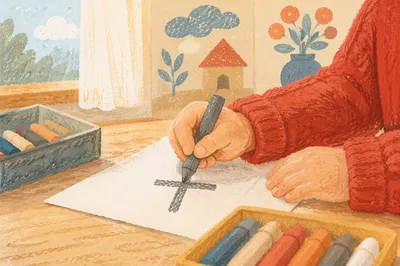 Child Drawing a Cross with Crayon