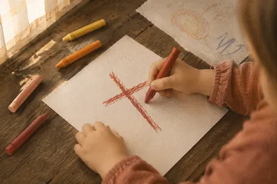 Child Drawing Red Cross with Crayons