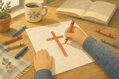 Child Hands Drawing Cross with Crayons