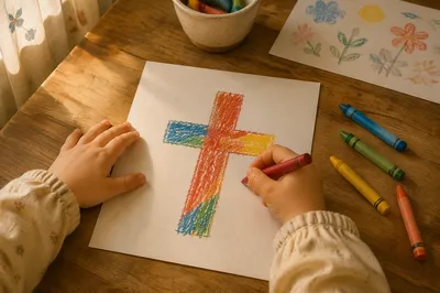Child Hands Drawing a Crayon Cross