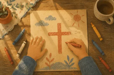 Child Drawing a Crayon Cross