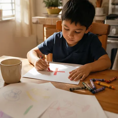 Young Boy Drawing Cross with Crayons