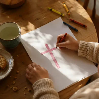 Child Drawing a Crayon Cross at Home
