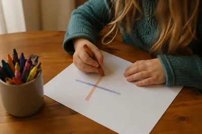 Child Drawing a Crayon Cross at Home