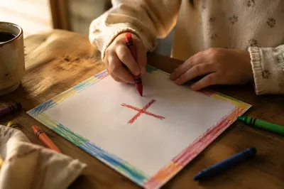 Child Drawing Cross with Crayons