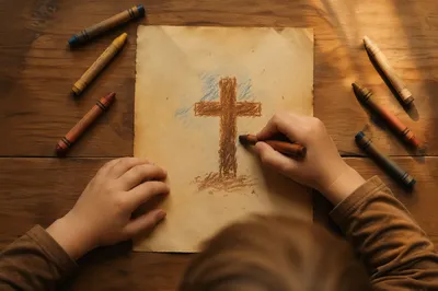 Child Drawing Cross with Crayons